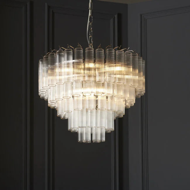 Toulouse 12lt Glass Pendant Bright Nickel - Golden Aura Lighting Ltd